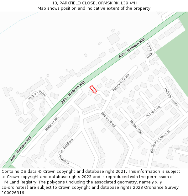 13, PARKFIELD CLOSE, ORMSKIRK, L39 4YH: Location map and indicative extent of plot