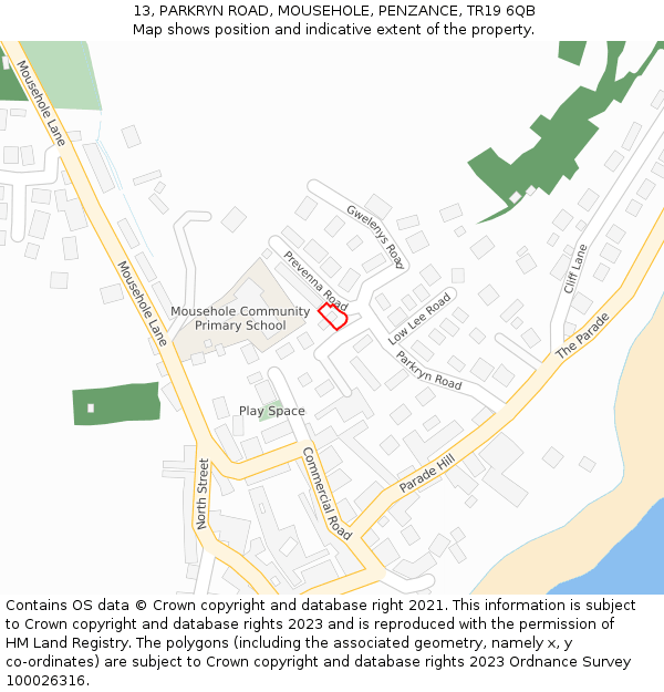 13, PARKRYN ROAD, MOUSEHOLE, PENZANCE, TR19 6QB: Location map and indicative extent of plot