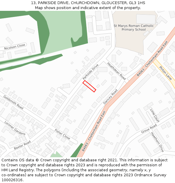 13, PARKSIDE DRIVE, CHURCHDOWN, GLOUCESTER, GL3 1HS: Location map and indicative extent of plot