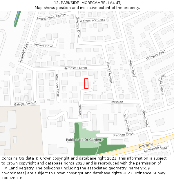 13, PARKSIDE, MORECAMBE, LA4 4TJ: Location map and indicative extent of plot