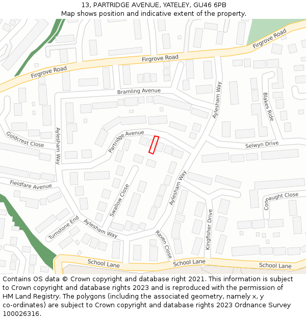 13, PARTRIDGE AVENUE, YATELEY, GU46 6PB: Location map and indicative extent of plot