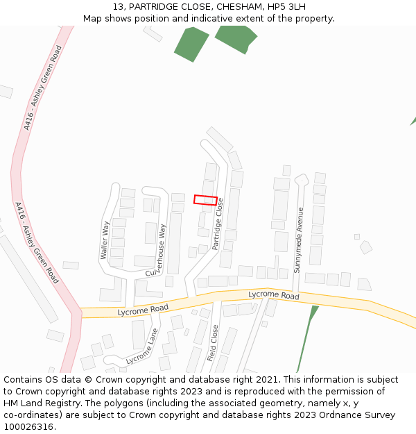 13, PARTRIDGE CLOSE, CHESHAM, HP5 3LH: Location map and indicative extent of plot