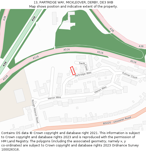 13, PARTRIDGE WAY, MICKLEOVER, DERBY, DE3 9XB: Location map and indicative extent of plot