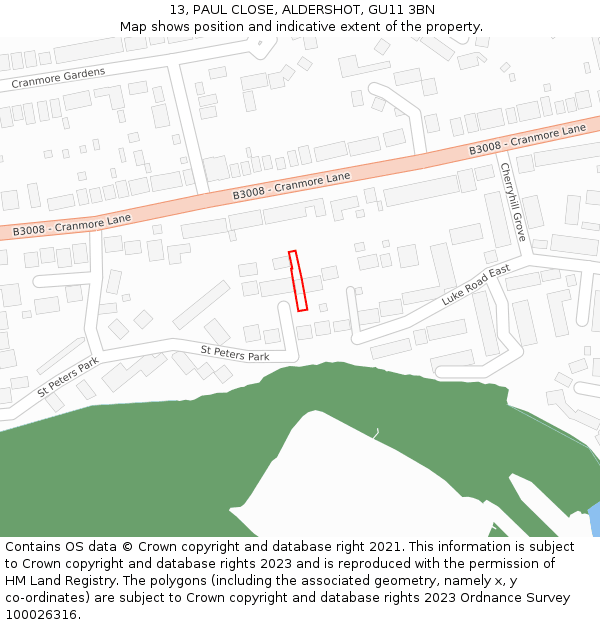 13, PAUL CLOSE, ALDERSHOT, GU11 3BN: Location map and indicative extent of plot