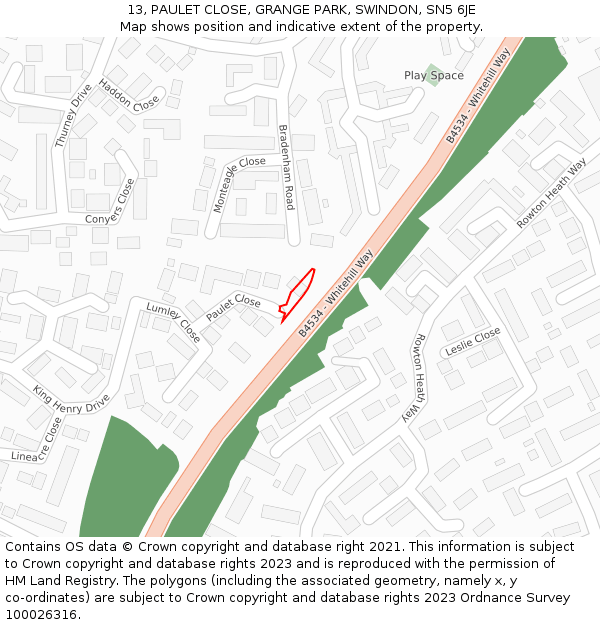 13, PAULET CLOSE, GRANGE PARK, SWINDON, SN5 6JE: Location map and indicative extent of plot