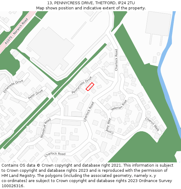 13, PENNYCRESS DRIVE, THETFORD, IP24 2TU: Location map and indicative extent of plot