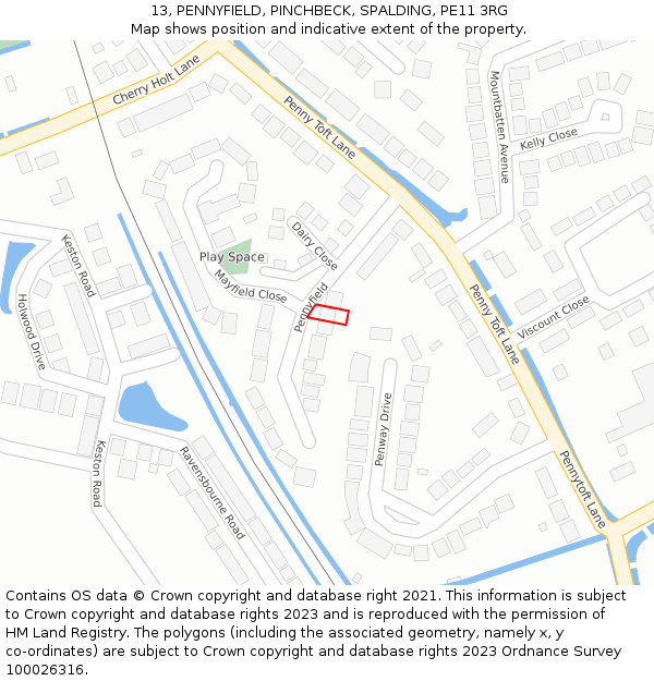 13, PENNYFIELD, PINCHBECK, SPALDING, PE11 3RG: Location map and indicative extent of plot