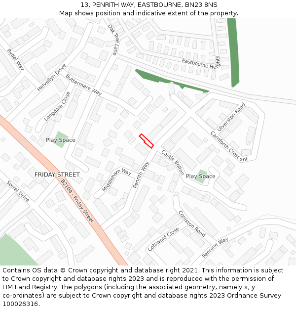 13, PENRITH WAY, EASTBOURNE, BN23 8NS: Location map and indicative extent of plot