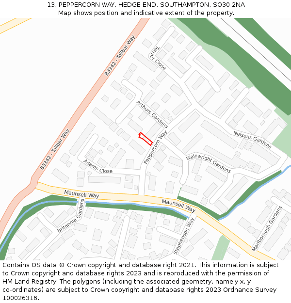 13, PEPPERCORN WAY, HEDGE END, SOUTHAMPTON, SO30 2NA: Location map and indicative extent of plot