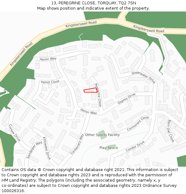 13, PEREGRINE CLOSE, TORQUAY, TQ2 7SN: Location map and indicative extent of plot