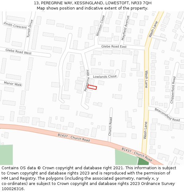 13, PEREGRINE WAY, KESSINGLAND, LOWESTOFT, NR33 7QH: Location map and indicative extent of plot