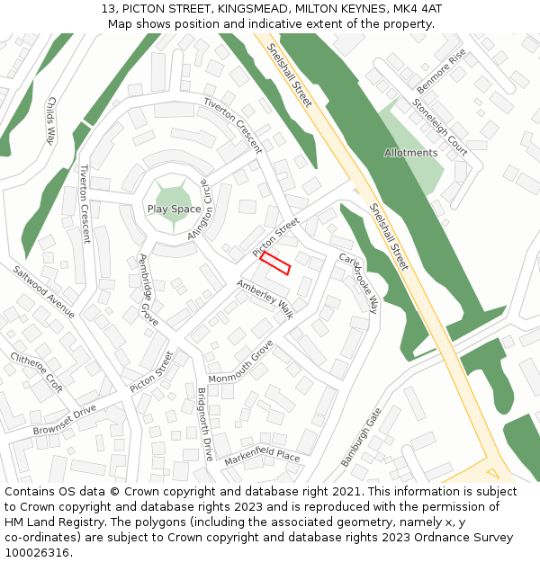 13, PICTON STREET, KINGSMEAD, MILTON KEYNES, MK4 4AT: Location map and indicative extent of plot