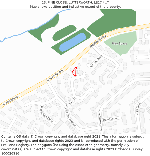 13, PINE CLOSE, LUTTERWORTH, LE17 4UT: Location map and indicative extent of plot