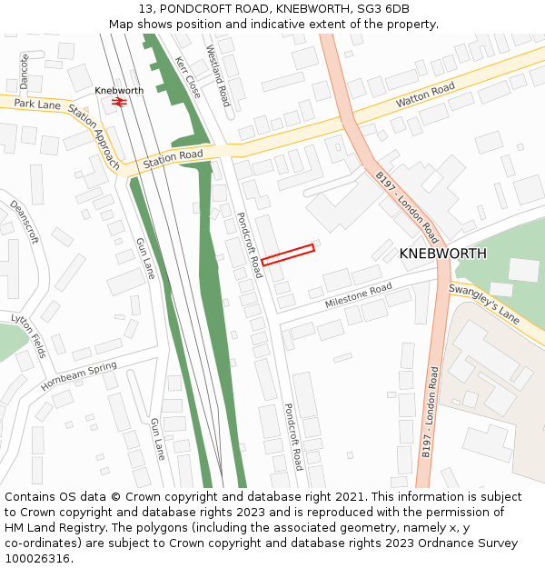 13, PONDCROFT ROAD, KNEBWORTH, SG3 6DB: Location map and indicative extent of plot