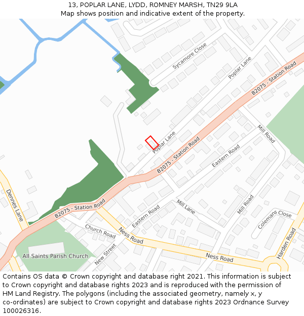 13, POPLAR LANE, LYDD, ROMNEY MARSH, TN29 9LA: Location map and indicative extent of plot