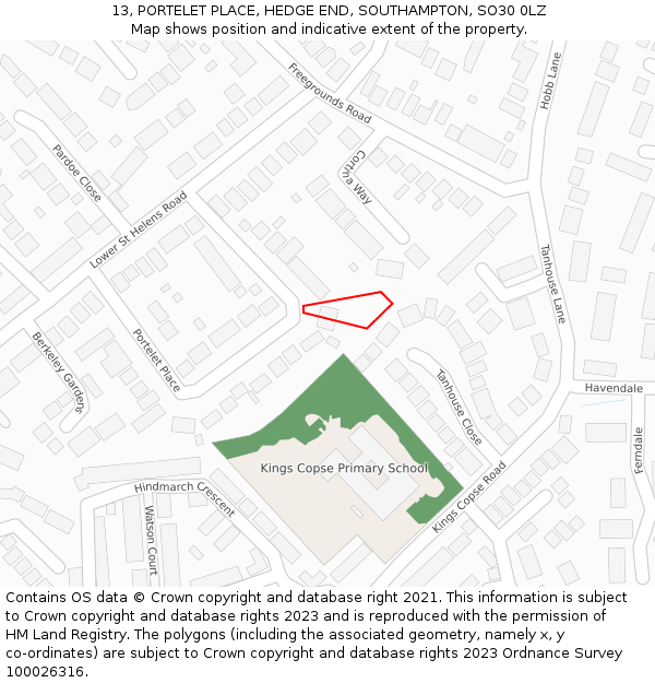 13, PORTELET PLACE, HEDGE END, SOUTHAMPTON, SO30 0LZ: Location map and indicative extent of plot