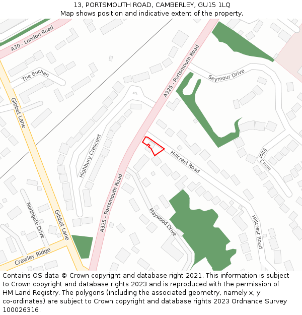 13, PORTSMOUTH ROAD, CAMBERLEY, GU15 1LQ: Location map and indicative extent of plot