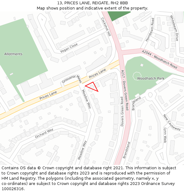 13, PRICES LANE, REIGATE, RH2 8BB: Location map and indicative extent of plot