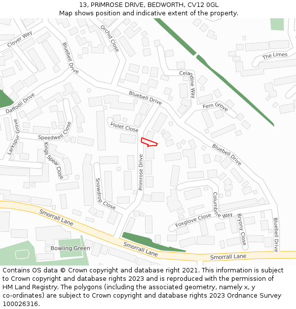 13, PRIMROSE DRIVE, BEDWORTH, CV12 0GL: Location map and indicative extent of plot