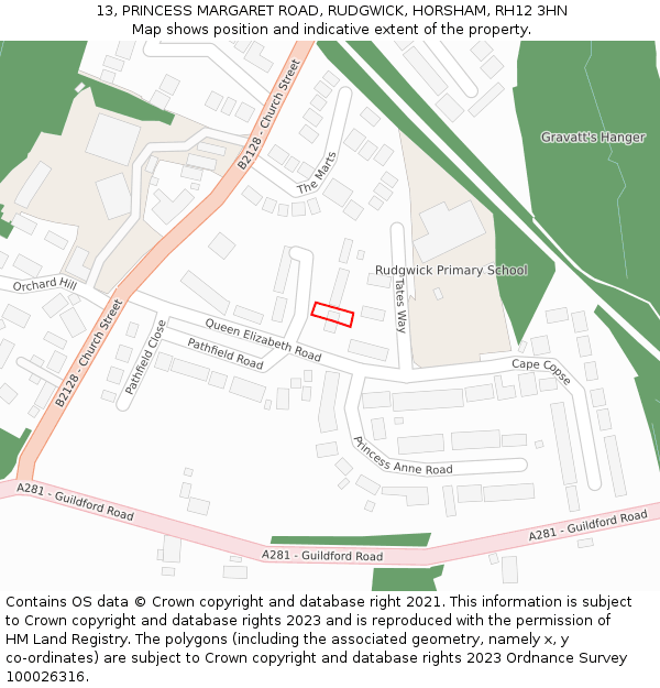 13, PRINCESS MARGARET ROAD, RUDGWICK, HORSHAM, RH12 3HN: Location map and indicative extent of plot