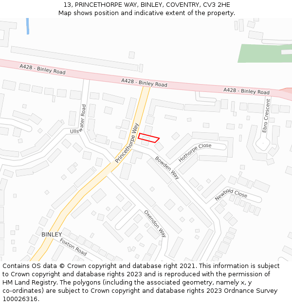 13, PRINCETHORPE WAY, BINLEY, COVENTRY, CV3 2HE: Location map and indicative extent of plot