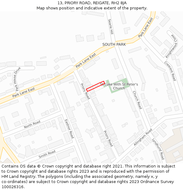 13, PRIORY ROAD, REIGATE, RH2 8JA: Location map and indicative extent of plot