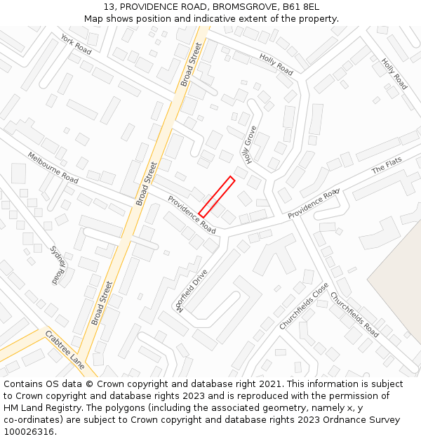 13, PROVIDENCE ROAD, BROMSGROVE, B61 8EL: Location map and indicative extent of plot