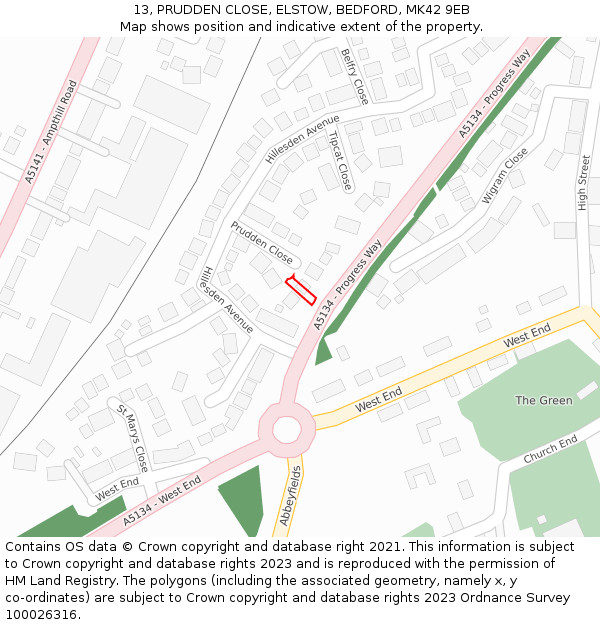 13, PRUDDEN CLOSE, ELSTOW, BEDFORD, MK42 9EB: Location map and indicative extent of plot