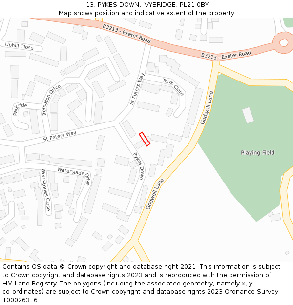 13, PYKES DOWN, IVYBRIDGE, PL21 0BY: Location map and indicative extent of plot