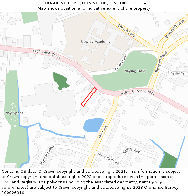 13, QUADRING ROAD, DONINGTON, SPALDING, PE11 4TB: Location map and indicative extent of plot