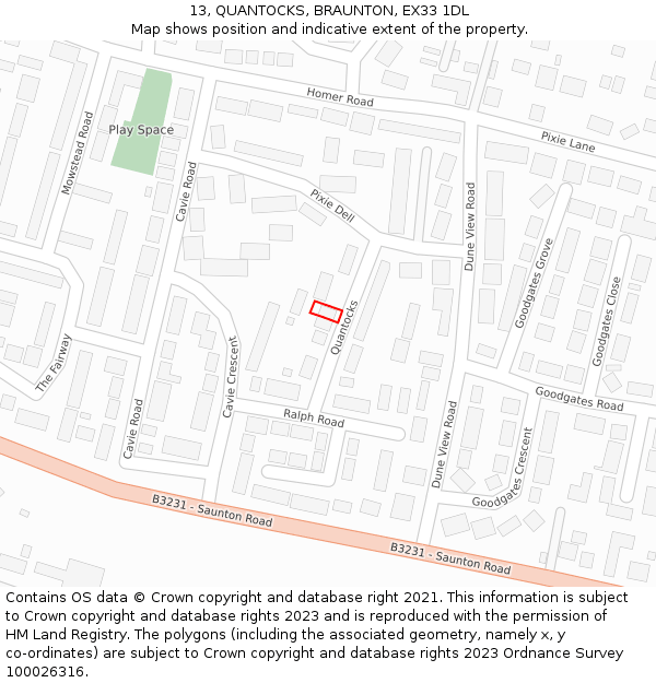13, QUANTOCKS, BRAUNTON, EX33 1DL: Location map and indicative extent of plot