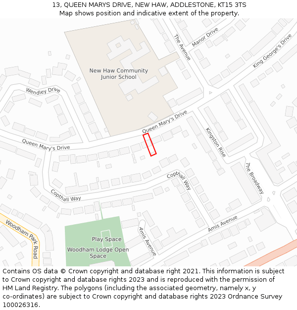 13, QUEEN MARYS DRIVE, NEW HAW, ADDLESTONE, KT15 3TS: Location map and indicative extent of plot