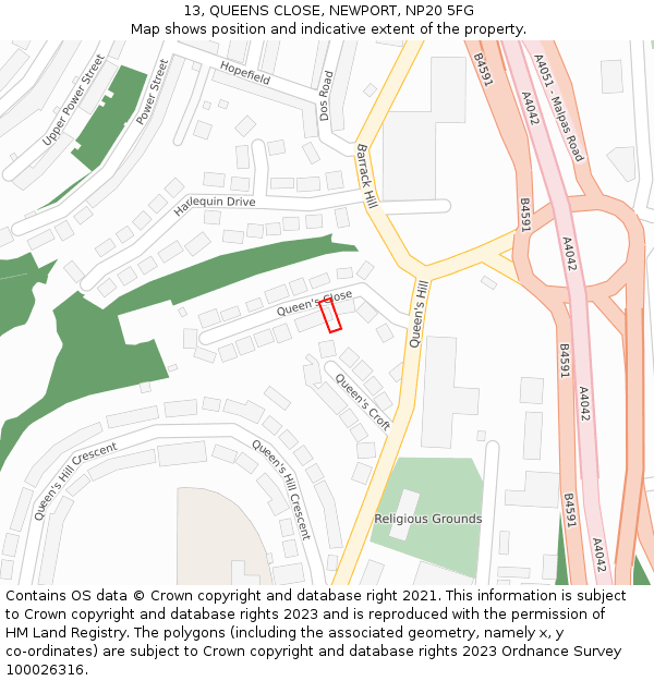 13, QUEENS CLOSE, NEWPORT, NP20 5FG: Location map and indicative extent of plot