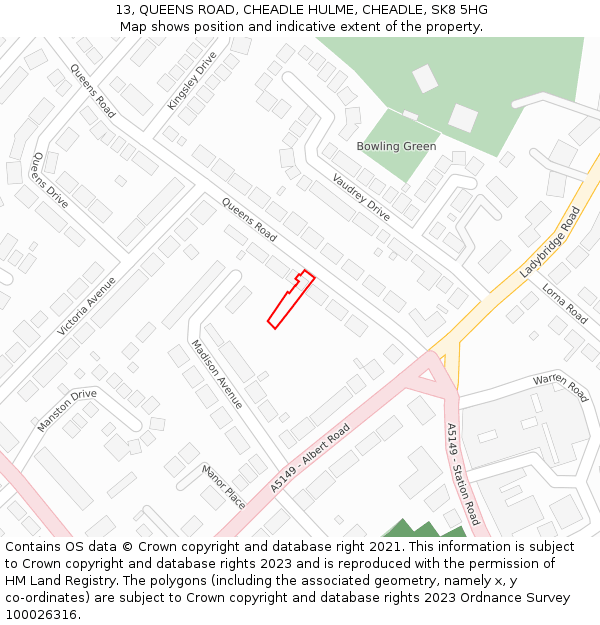 13, QUEENS ROAD, CHEADLE HULME, CHEADLE, SK8 5HG: Location map and indicative extent of plot