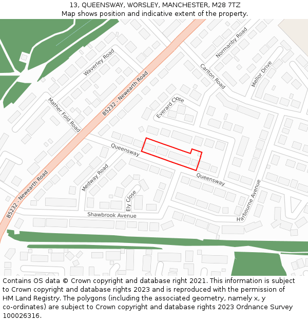 13, QUEENSWAY, WORSLEY, MANCHESTER, M28 7TZ: Location map and indicative extent of plot