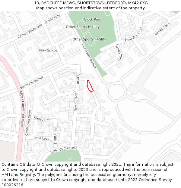 13, RADCLIFFE MEWS, SHORTSTOWN, BEDFORD, MK42 0XG: Location map and indicative extent of plot