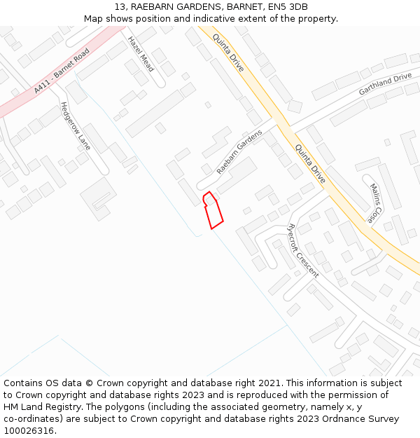 13, RAEBARN GARDENS, BARNET, EN5 3DB: Location map and indicative extent of plot