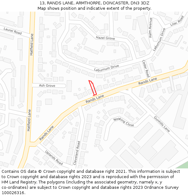 13, RANDS LANE, ARMTHORPE, DONCASTER, DN3 3DZ: Location map and indicative extent of plot