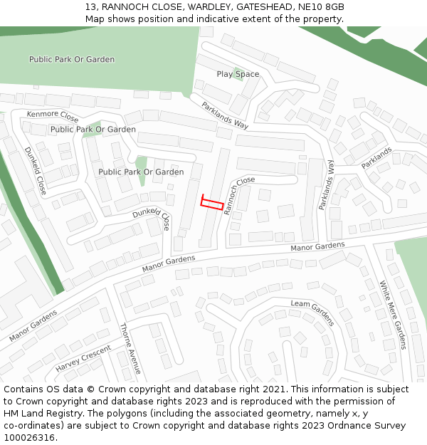 13, RANNOCH CLOSE, WARDLEY, GATESHEAD, NE10 8GB: Location map and indicative extent of plot