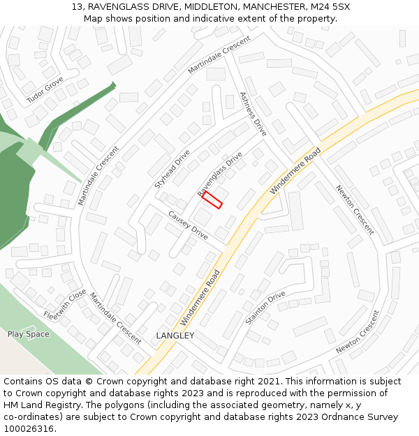 13, RAVENGLASS DRIVE, MIDDLETON, MANCHESTER, M24 5SX: Location map and indicative extent of plot