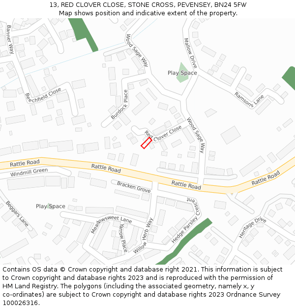 13, RED CLOVER CLOSE, STONE CROSS, PEVENSEY, BN24 5FW: Location map and indicative extent of plot