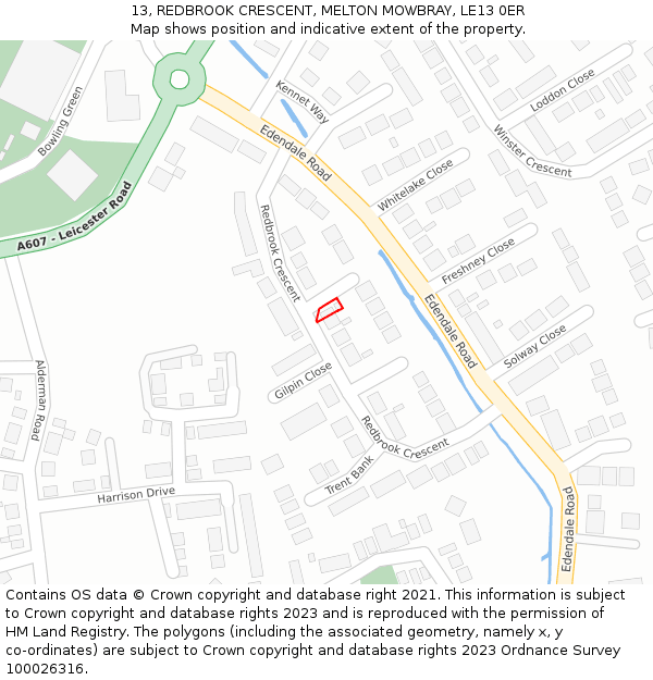 13, REDBROOK CRESCENT, MELTON MOWBRAY, LE13 0ER: Location map and indicative extent of plot