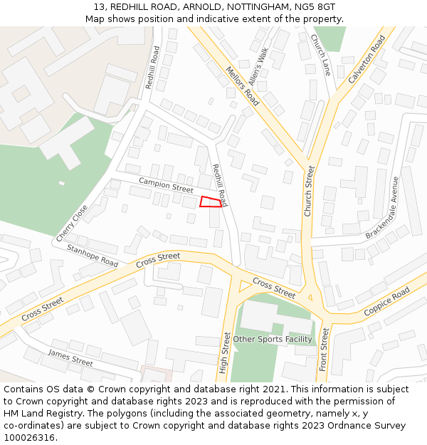 13, REDHILL ROAD, ARNOLD, NOTTINGHAM, NG5 8GT: Location map and indicative extent of plot