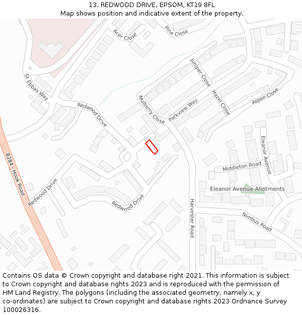 13, REDWOOD DRIVE, EPSOM, KT19 8FL: Location map and indicative extent of plot