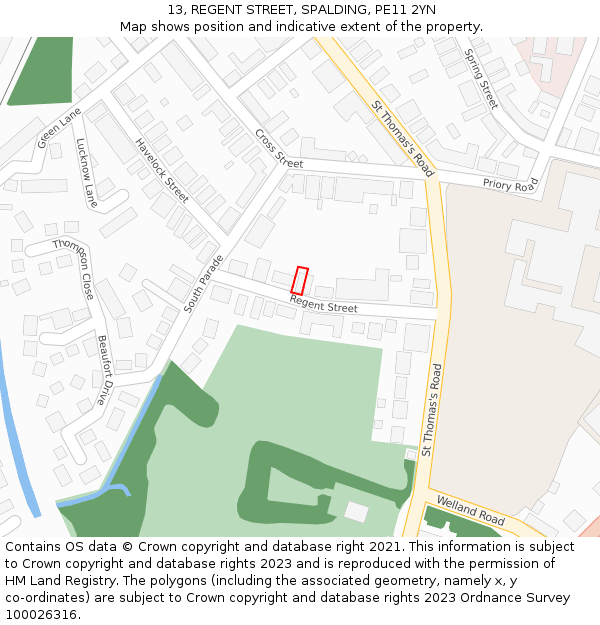 13, REGENT STREET, SPALDING, PE11 2YN: Location map and indicative extent of plot