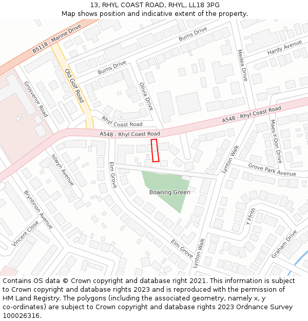 13, RHYL COAST ROAD, RHYL, LL18 3PG: Location map and indicative extent of plot