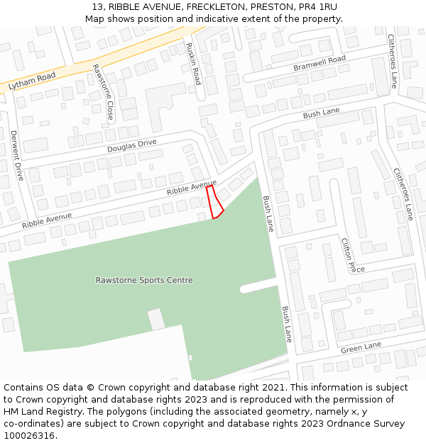 13, RIBBLE AVENUE, FRECKLETON, PRESTON, PR4 1RU: Location map and indicative extent of plot