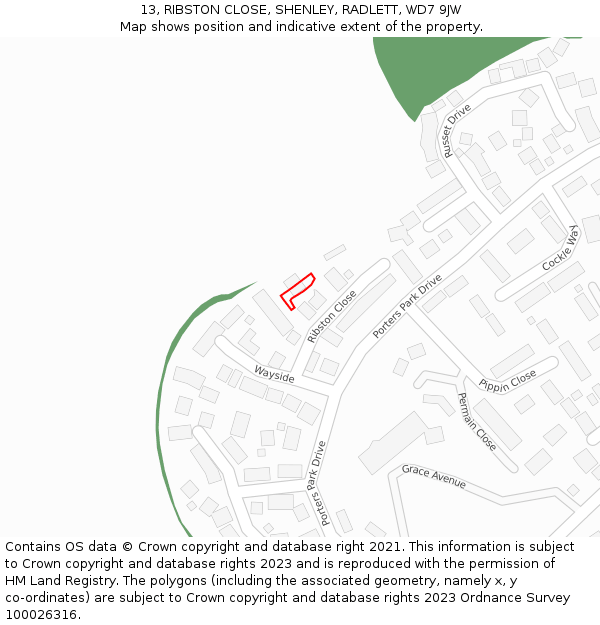 13, RIBSTON CLOSE, SHENLEY, RADLETT, WD7 9JW: Location map and indicative extent of plot