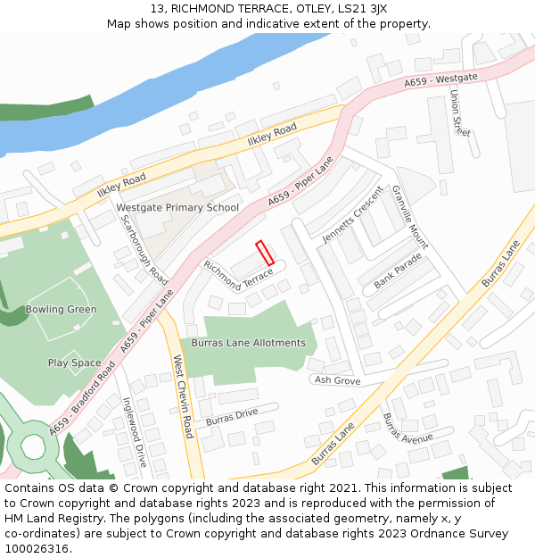 13, RICHMOND TERRACE, OTLEY, LS21 3JX: Location map and indicative extent of plot