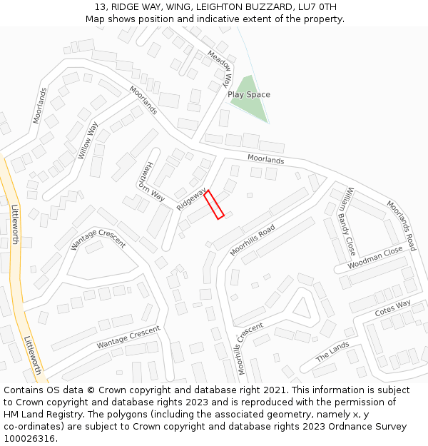 13, RIDGE WAY, WING, LEIGHTON BUZZARD, LU7 0TH: Location map and indicative extent of plot